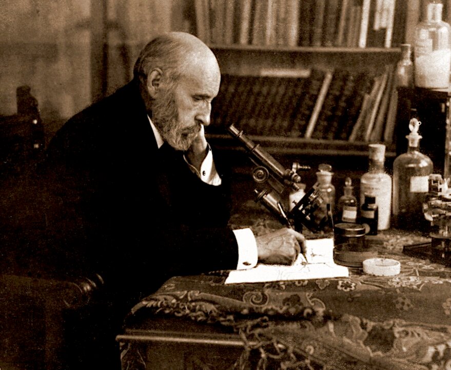 Santiago Ramón y Cajal at work, ca 1915.