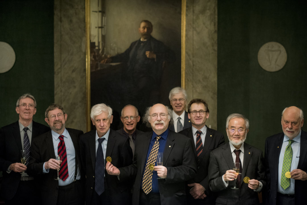 Nine of the eleven Nobel Laureates of 2016 assembled at the Nobel Foundation in Stockholm
