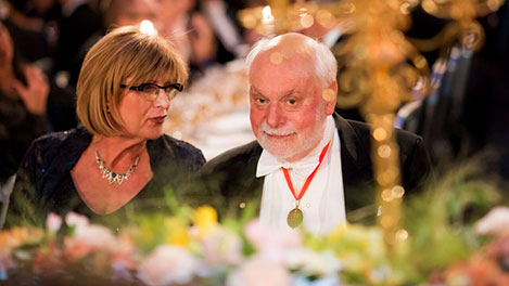 Sir Fraser Stoddart and Elisabeth Bootsma, Partner of Chemistry Laureate Benard L. Feringa at the table of honour at the Nobel Banquet