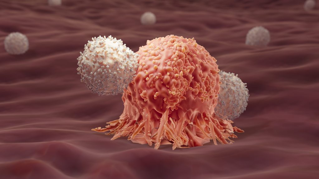 Illustration of T-cells attacking a cancer cell