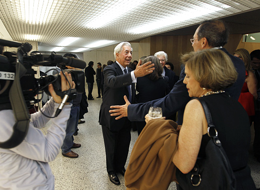 Mario Vargas Llosa is congratulated for the 2010 Nobel Prize in Literature