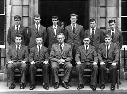Seated to the right of Mr Richardson, the Headmaster with the other nine school prefects in 1960.